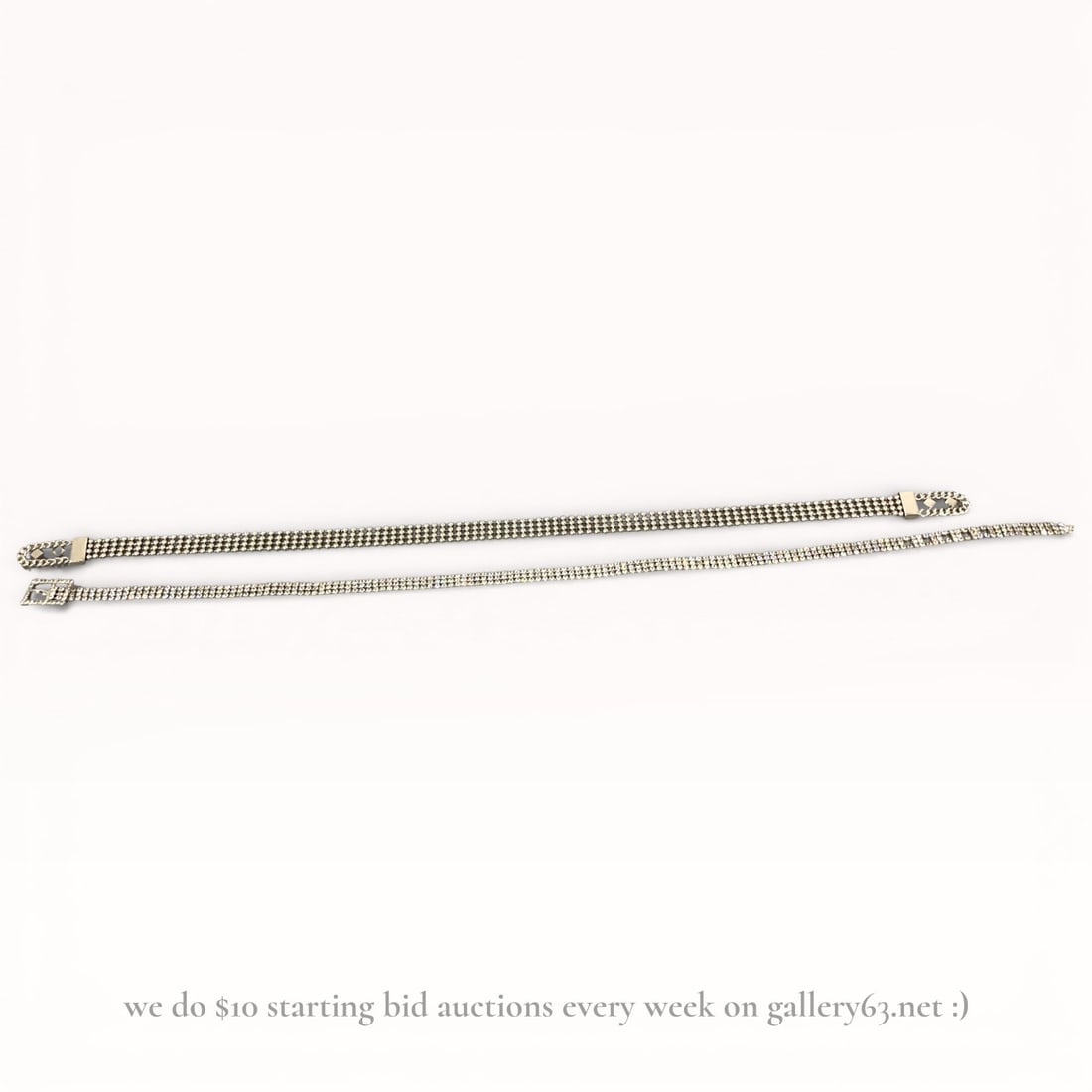 Pair, Silver-Tone Ball-Chain & Rhinestone Belts: Pair of Silver-tone chain belt composed of uniform rectangular links. Slim, flexible construction allowing adjustable wear. Box-style clasp terminating one end. Linear profile with a polished metallic