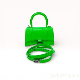Balenciaga Hourglass XS Top Handle Bag in Green Crocodile-Embossed Leather