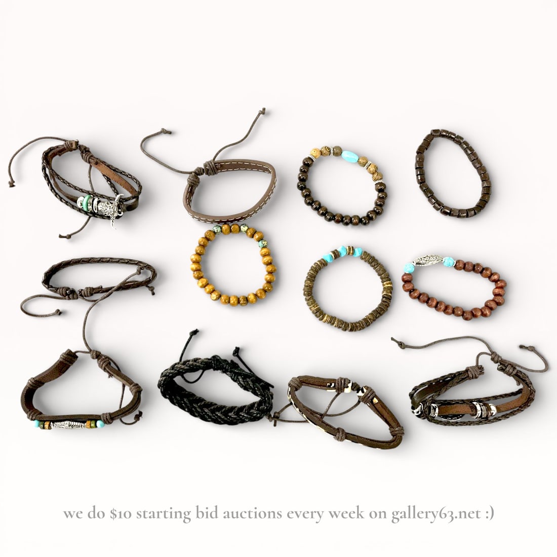 Group, Mixed Bracelet Assortment, Great for if you have an Island Gift Shop: Bracelet assortment comprising multiple pieces in varied materials and constructions. Styles including beaded bracelets, leather wraps, braided cords, and adjustable tie closures. Beads presented in e