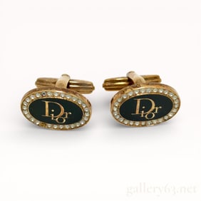 Dior Black Enamel Logo Cufflinks with Rhinestones