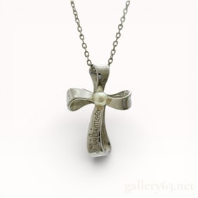 Mikimoto Sterling Silver 4.0mm Pearl Cross Pendant Necklace 16"