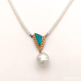 18KYG 12.3mm South Sea Baroque Pearl, Boulder Opal & Diamond Pendant Necklace