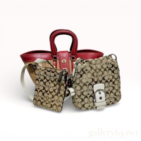 vintage Coach Legacy straw tote bag with red leather trim