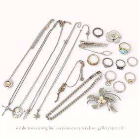 Sterling Silver and 950 Silver Jewelry Assortment Including Rings and Necklaces 100 grams