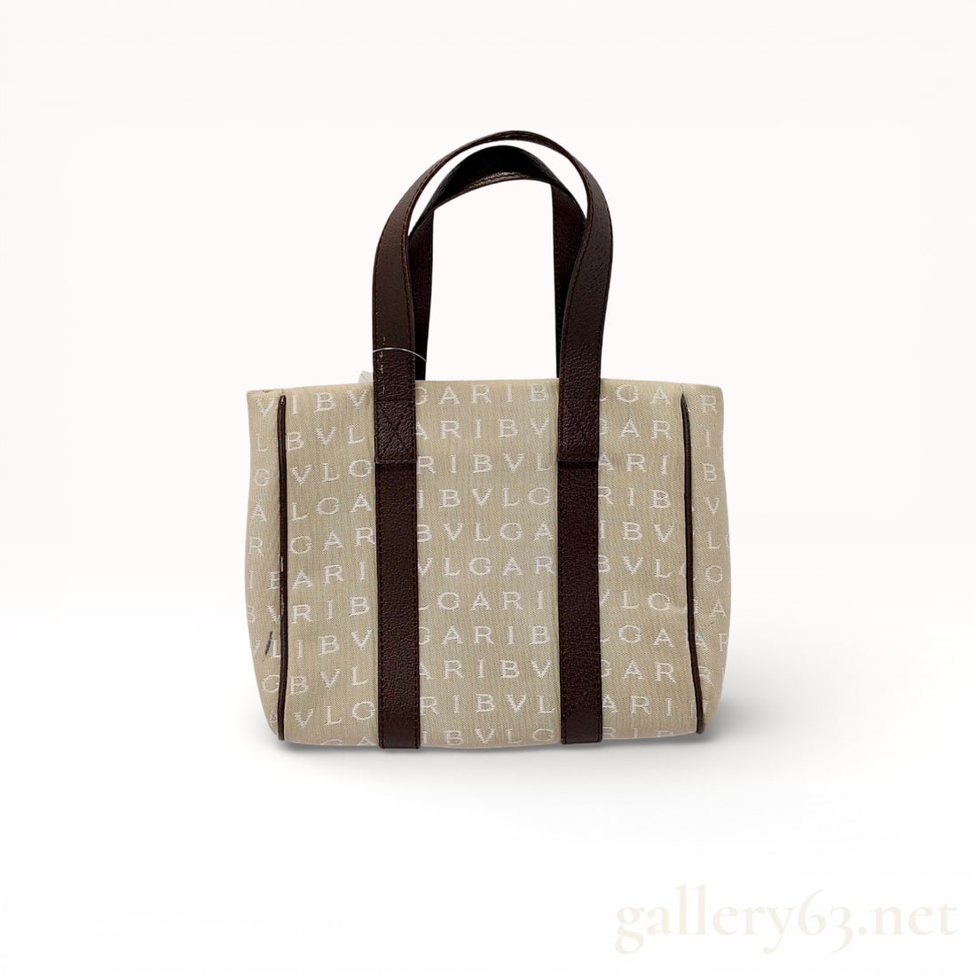 BVLGARI Logomania Mini Handbag 25cm: Authentic Bvlgari Logo Mania tote bag in beige canvas and brown leather. 