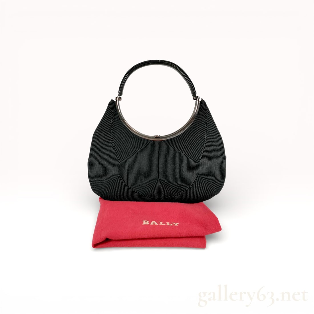 Bally Black Party Handbag with Metal Ring Handle: Authentic Bally party handbag crafted from black textured fabric, having a soft rounded silhouette. Design featuring a polished metal ring top handle with black grip detail and a compact interior with