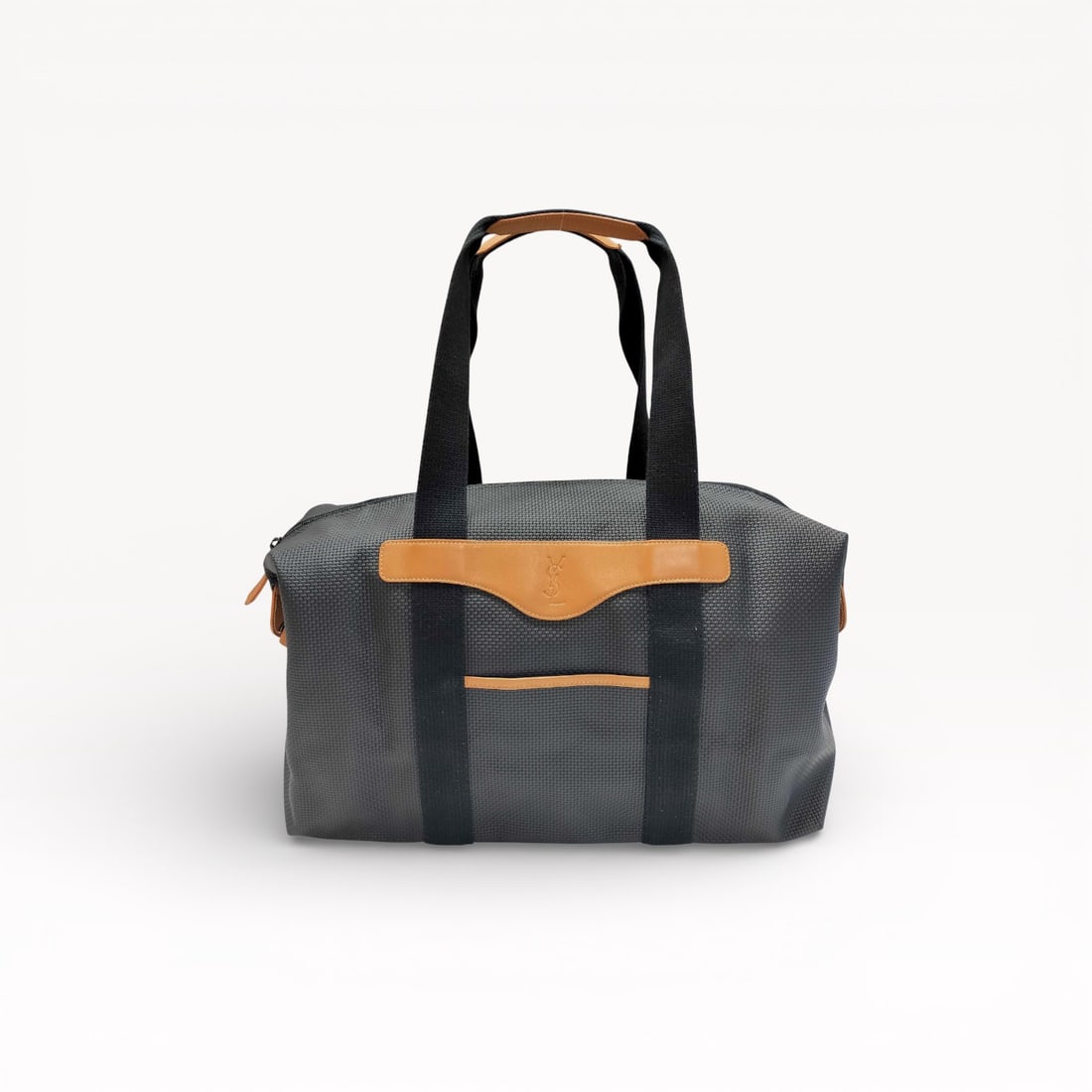 Saint Laurent Canvas Tote Bag with Leather Trim in Grey and Black 45: Authentic Saint Laurent tote bag in grey canvas with black leather trim. The structured design features dual flat top handles, reinforced leather tabs, and a minimalist silhouette with contrast vertic