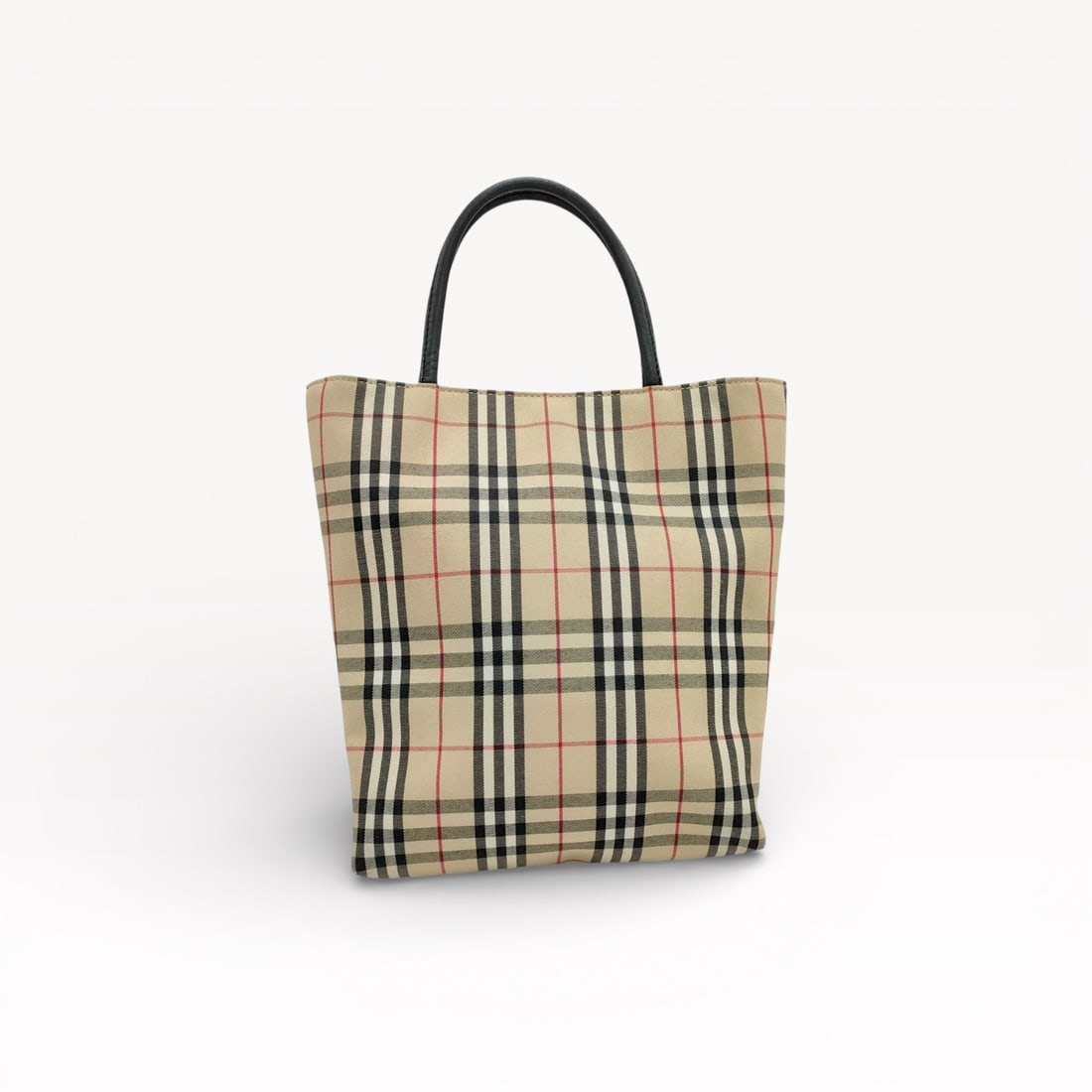 Burberry Classic Check Plaid Mini Tote Bag with Black Leather Handles: Authentic Burberry mini tote bag in Classic Check plaid canvas with black leather handles. The design features a compact, structured silhouette with dual rolled top handles and a flat base. An open to