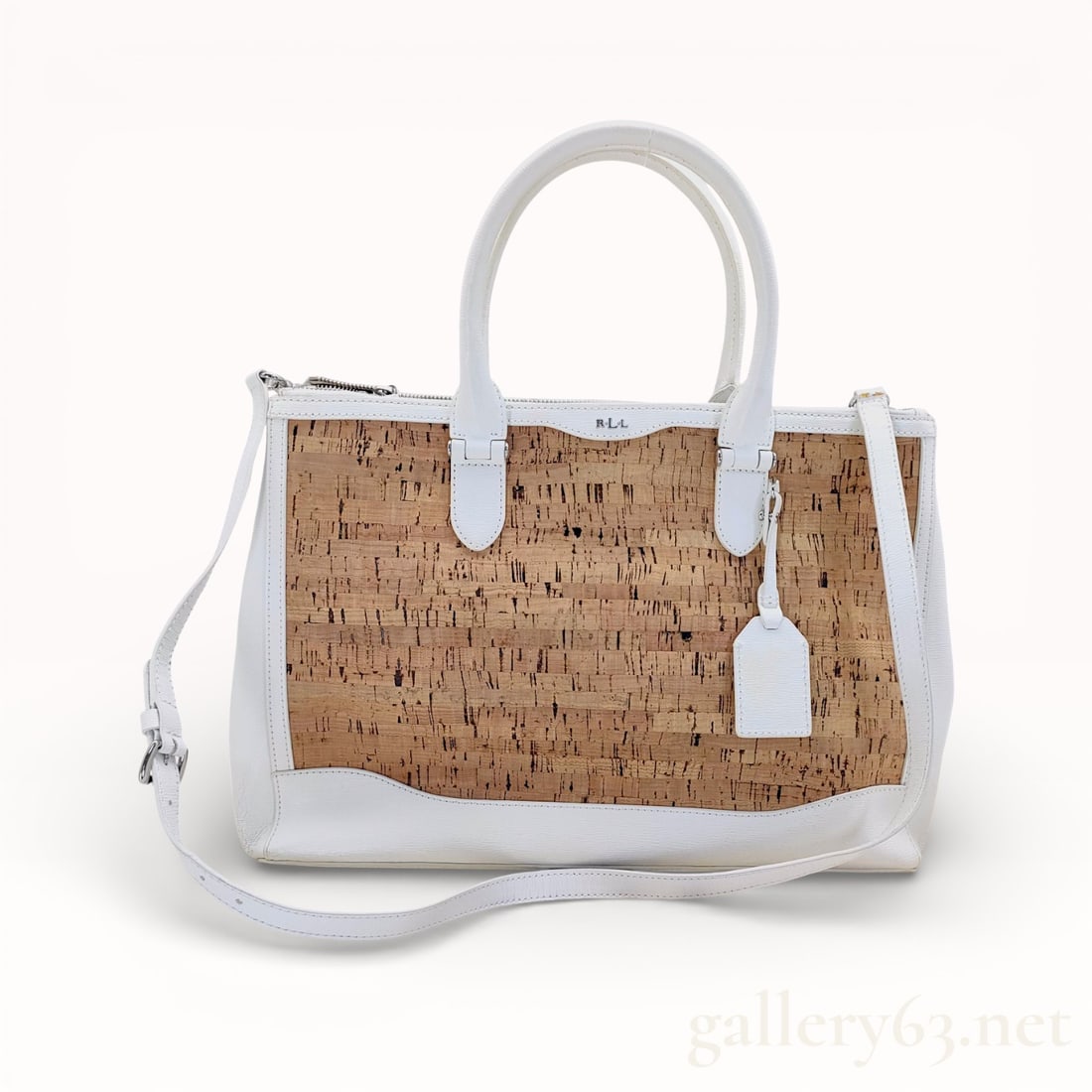 RLL Shoulder Bag: Authentic RLL shoulder bag having a rectangular body and a double top handle. Featuring a top zipper for the bag closure. Exterior comprising of a cork finish with smooth white leather accent, and vis