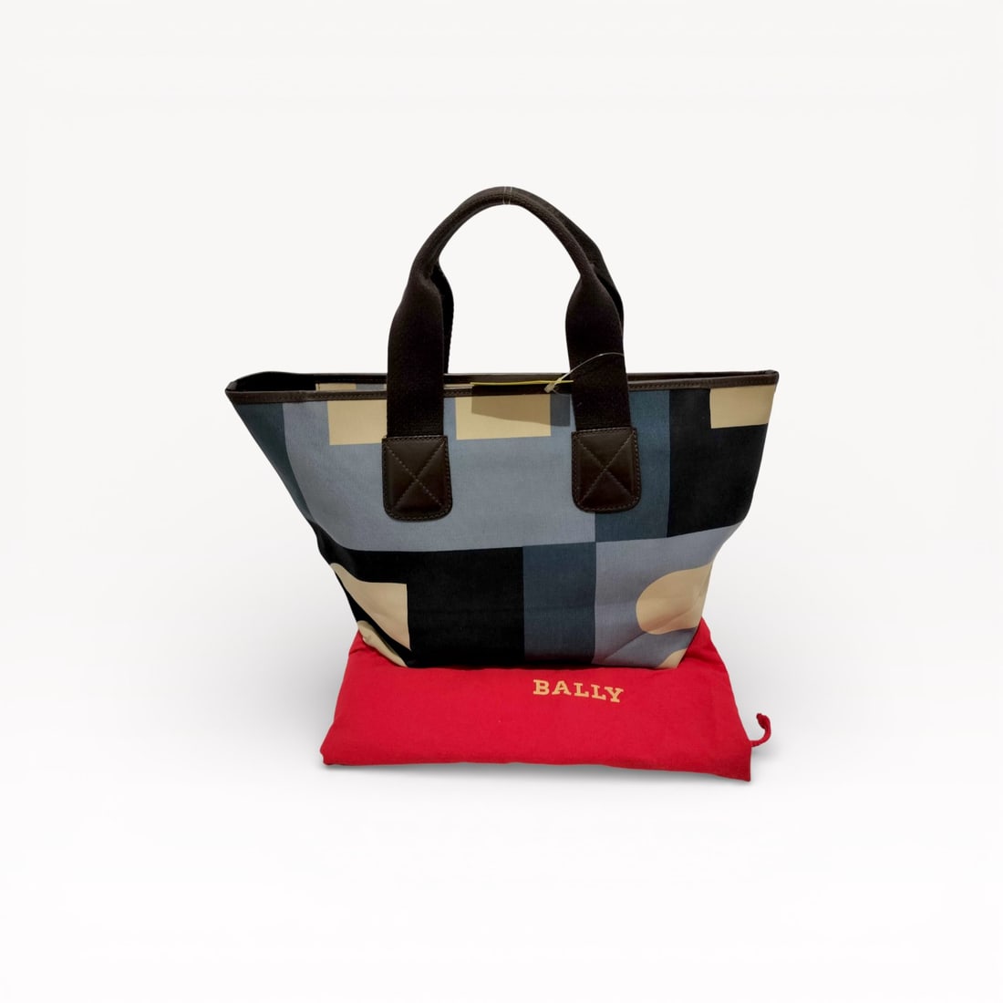 Bally Geometric Canvas Tote Bag with Leather Handles in Blue and Black: Authentic Bally canvas tote bag in a blue, black, and cream geometric pattern with dark brown leather handles. The structured design features dual rolled top handles with reinforced leather bases and