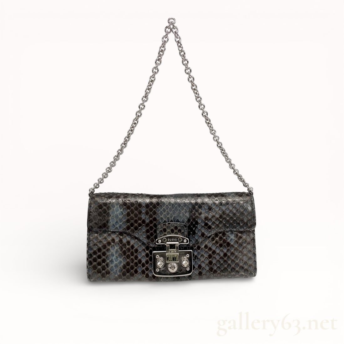 Gucci Ladylock Chain Python Wallet: Authentic Gucci structured rectangular wallet, covered in gray and black python-patterned skin, having a front flap secured by a metal push-lock clasp. Design featuring a decorative lock plate with en