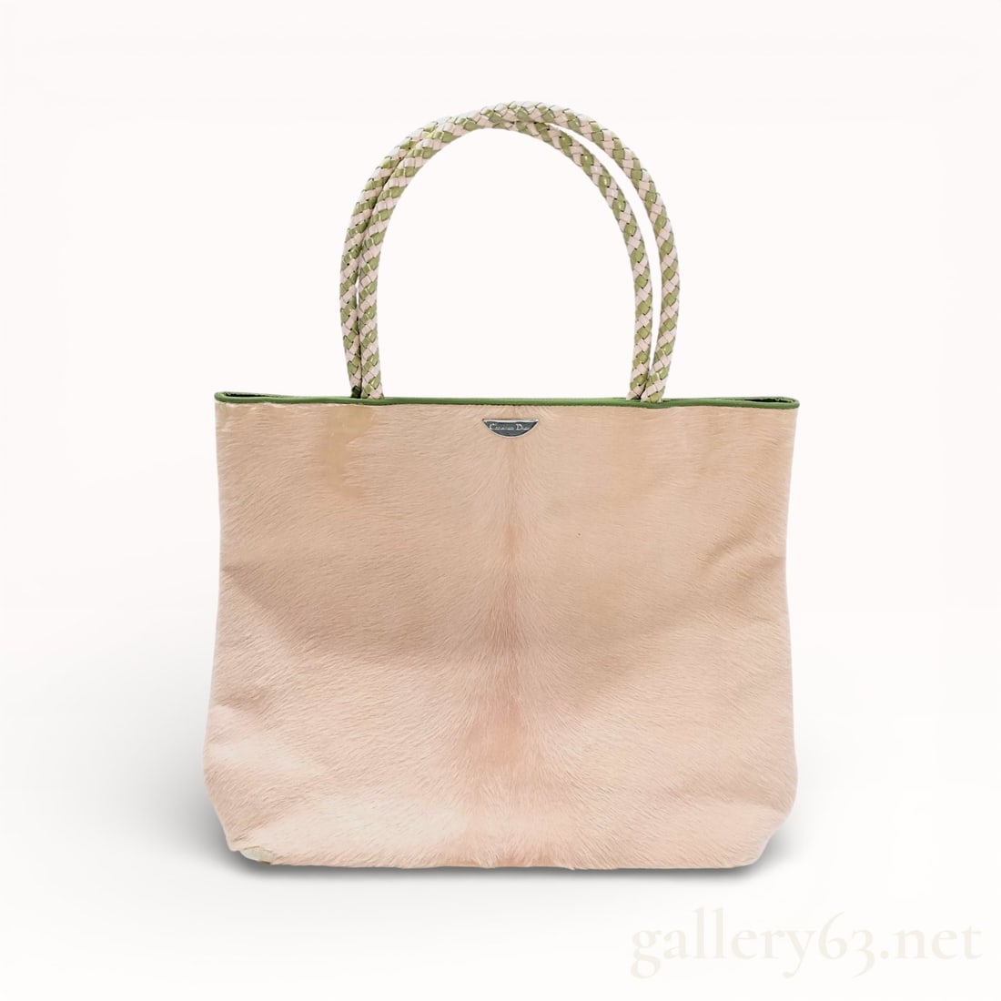 Dior Harako Pink fur and Green Leather Tote Bag: Authentic Dior tote bag, having pink fur panels and green leather trim. Featuring two top handles and an open-top design. Comprising a single main compartment. Set with visible stitching along edges