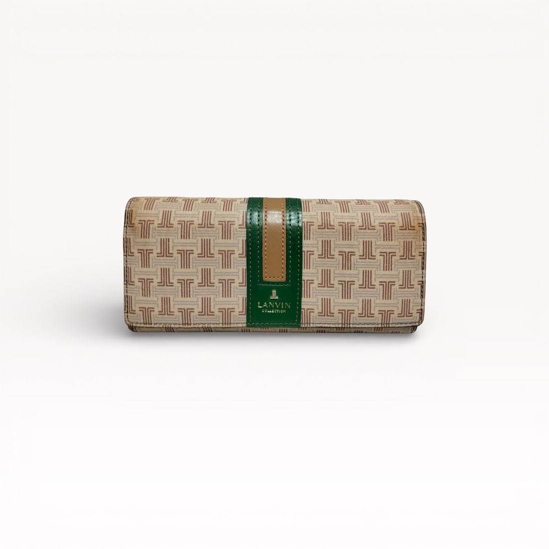 Lanvin Monogram Long Wallet with Green Leather Interior: Authentic Lanvin long wallet in beige coated canvas with repeating monogram pattern. Continental-style silhouette finished with a green leather front strap detail and snap closure. Interior lined in g