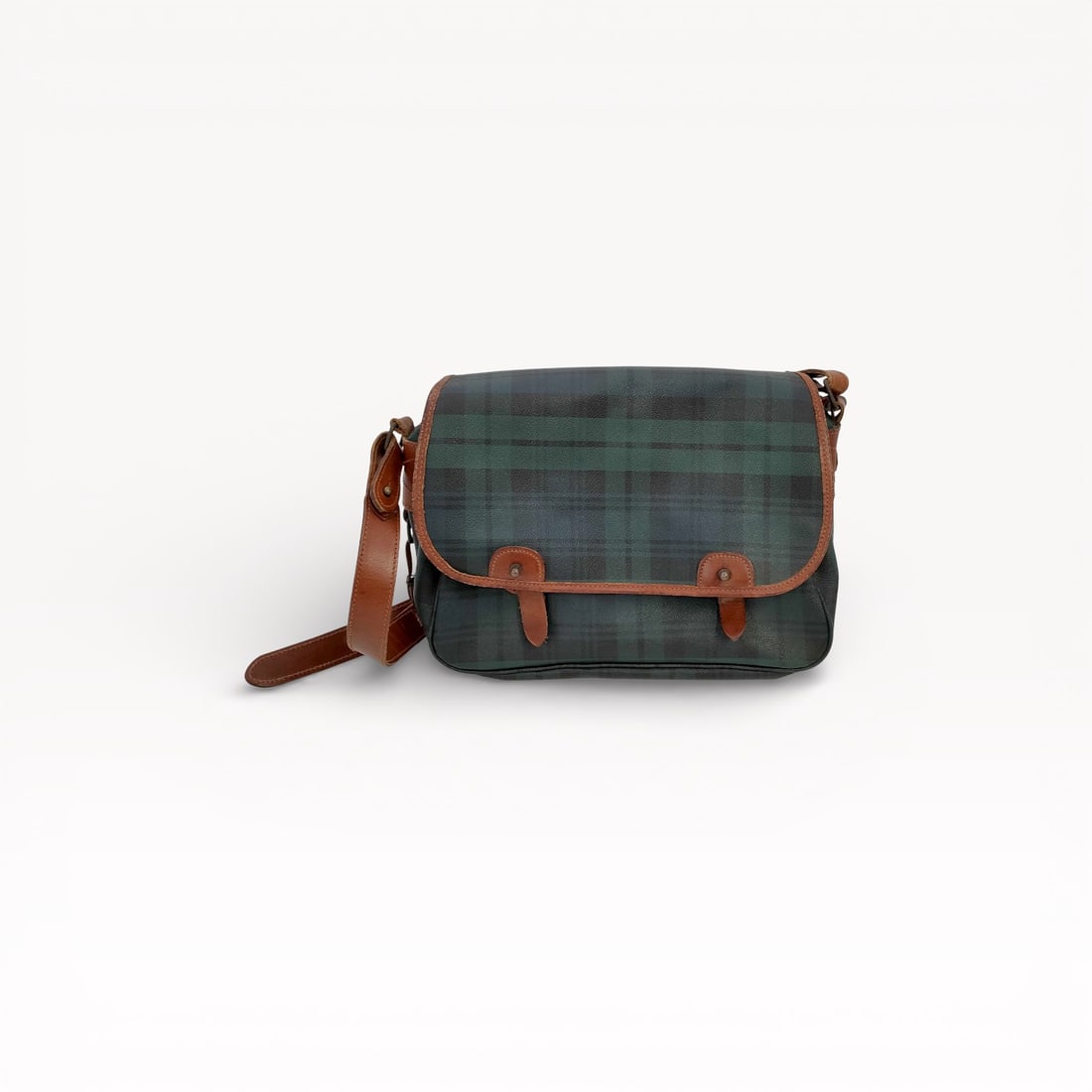 Polo Ralph Lauren Plaid Crossbody Messenger Bag with Leather Trim: Authentic Polo Ralph Lauren crossbody messenger bag in green and navy plaid canvas with brown leather trim. Rectangular flap-front silhouette featuring a leather-trimmed flap with snap closure, adjust