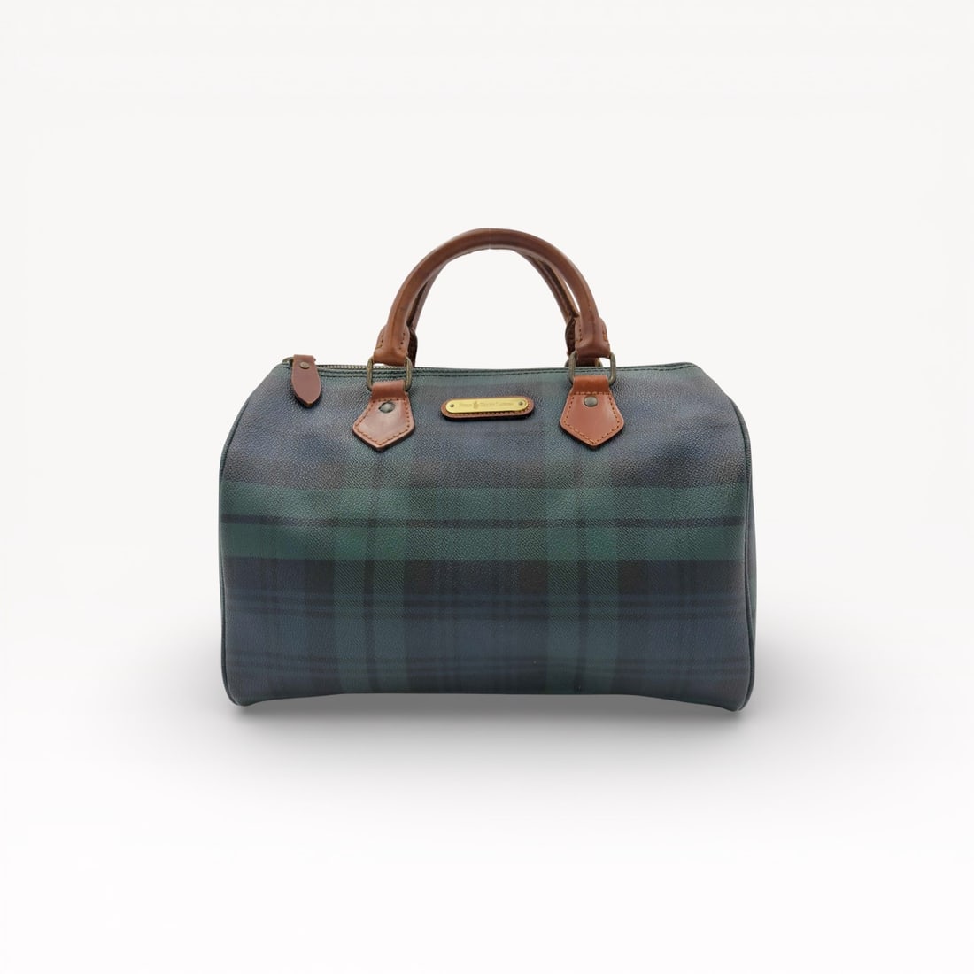 Polo Ralph Lauren Plaid Speedy 30: Authentic Polo Ralph Lauren satchel handbag in green and navy plaid canvas with brown leather trim. Structured rectangular silhouette featuring dual rolled leather top handles, leather-reinforced corn