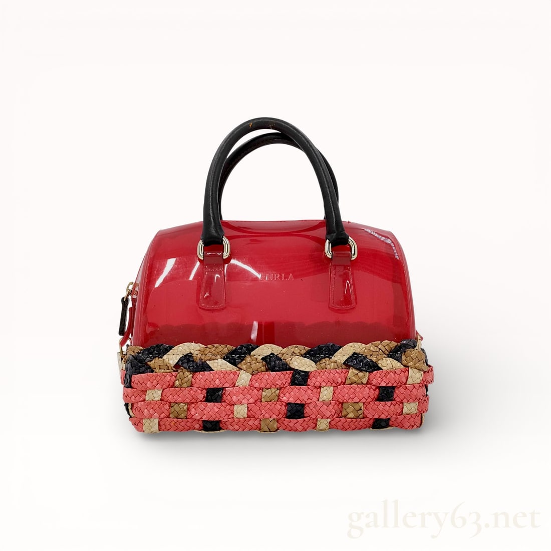 Furla Candy Satchel Bag in Red Jelly Plastic With a Woven Raffia Style Base (1 of 10)