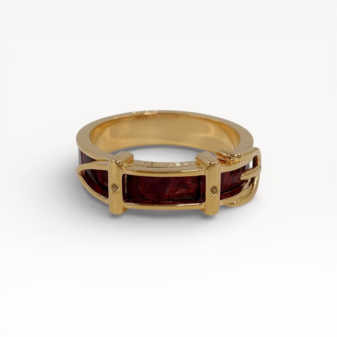 Hermès Belt Motif Scarf Ring in Gold-Plated Metal with Brown Leather Inlay (1 of 4)