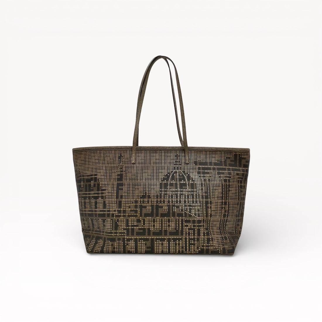 Fendi Zucca Roll Tote Bag in Brown Studded Canvas with Colosseo Graphic: Authentic Fendi Roll tote bag in brown Zucca canvas featuring an allover FF logo pattern accented with a studded, punched surface and a Colosseo (Rome) city graphic design. Open-top tote silhouette wi