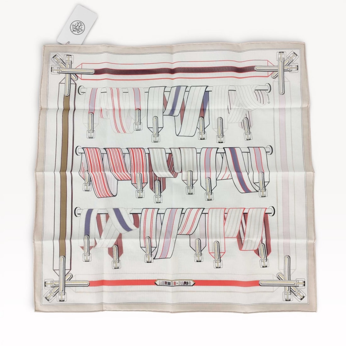 Hermès Les Sangles en Finesse cotton handkerchief NWT: Authentic Hermès Les Sangles en Finesse cotton handkerchief featuring a multi-color belt pattern. New with tags.