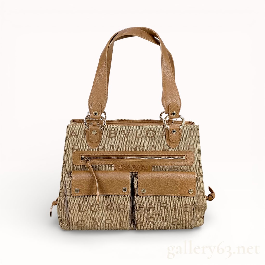 Bvlgari Logomania Maximetale Canvas and Leather Handbag: Authentic handbag by Bvlgari from the Logomania Maximetale line, comprising a canvas body with leather trim. Exterior featuring a repeating logo motif across the canvas surface. Design presenting cont
