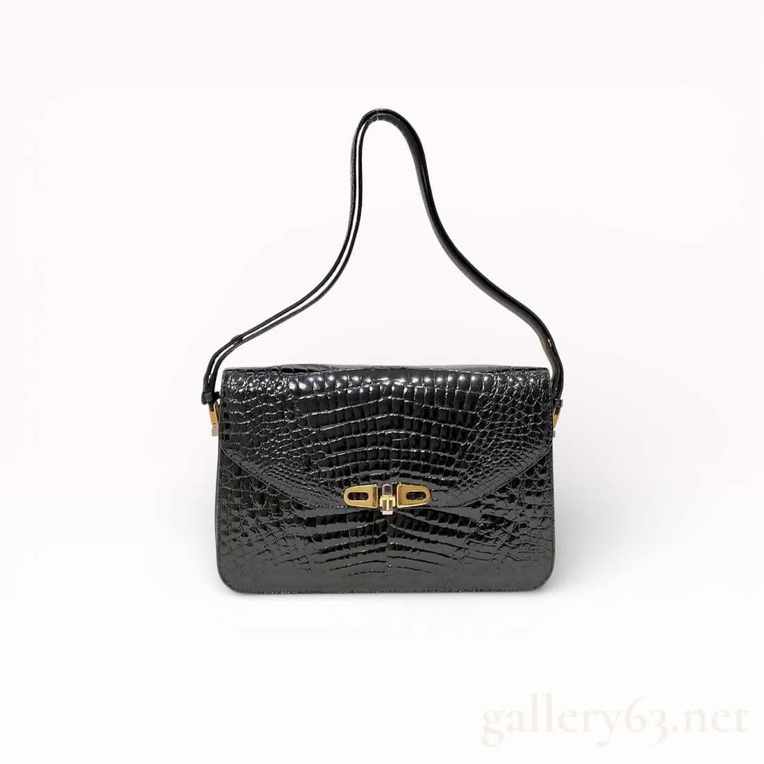 Vintage Glossy Black Crocodile Leather Shoulder Bag (1 of 10)