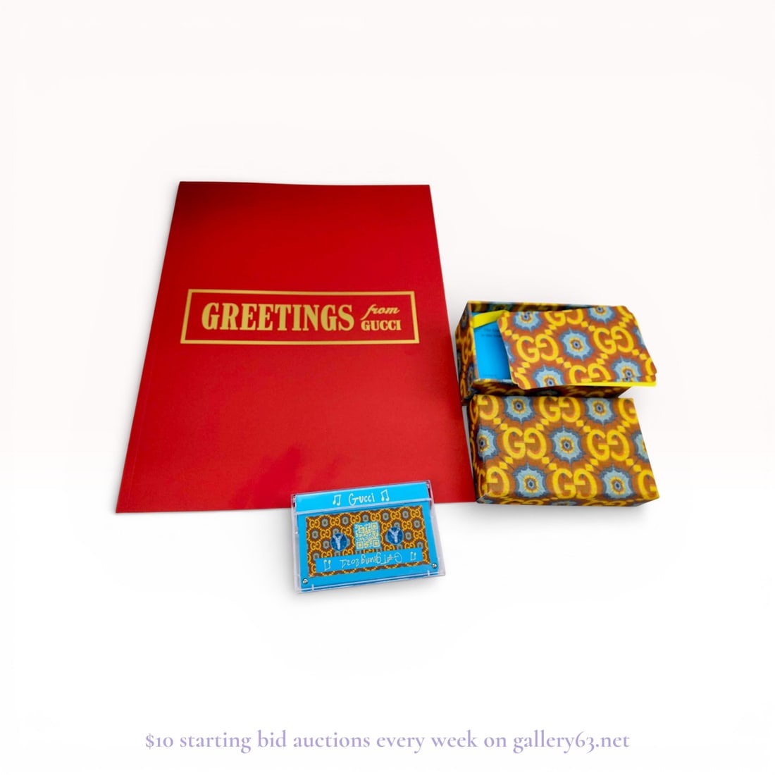 Gucci Novelty Quiz Card and Cassette Tape Set – Vintage Designer Collectibles Lot: Estate lot offered as shown, including all items visible in the images. Offered as a single lot with no individual examination; contents and condition vary and may include wear, damage, or missing ele