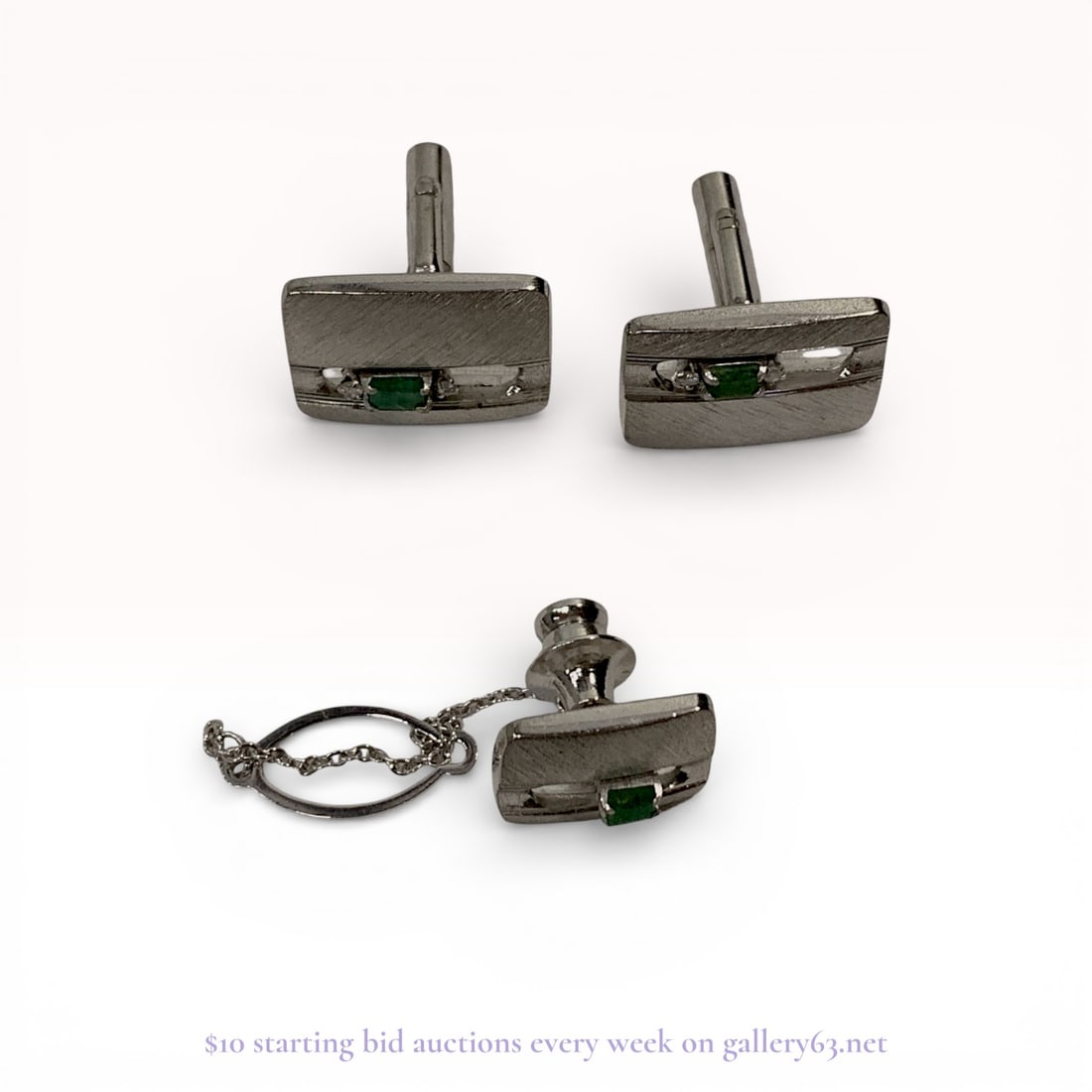 SV 900 Engraved Emerald Diamond 0.04ct Tie Pin and Cuffs: Estate lot offered as shown, including all items visible in the images. Offered as a single lot with no individual examination; contents and condition vary and may include wear, damage, or missing ele
