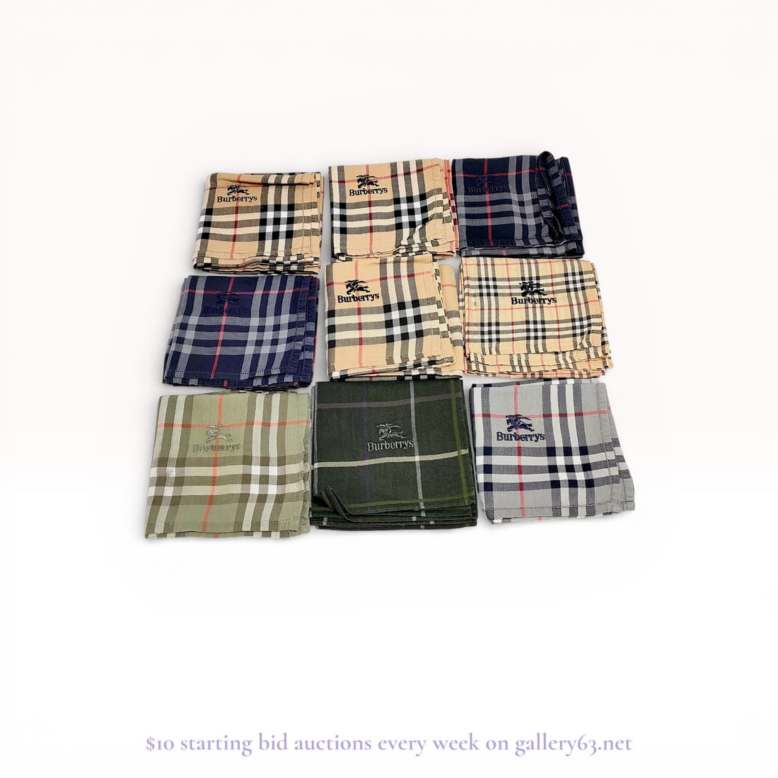 Burberry Nova Check Handkerchief Set – 9 Designer Pocket Squares Lot: Estate lot offered as shown, including all items visible in the images. Offered as a single lot with no individual examination; contents and condition vary and may include wear, damage, or missing ele