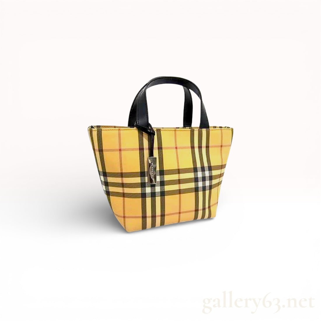 Burberry "Clueless" Nova Check Coated Canvas & Leather Tote Bag: Authentic Burberry Nova Check coated canvas tote bag featuring the signature check pattern in bright yellow & Black tones Clueless style. Structured open-top silhouette with dual black leather top