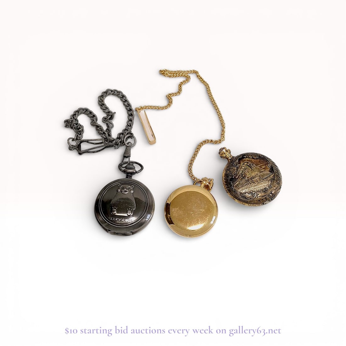 Grouping Of Three Pocket Watches including Seiko 7N07-001A: Group of three pocket watches, each presented with a distinct exterior design. The group includes a dark-tone pocket watch featuring a character motif on the case, a polished gold Seiko 7N07-001A watc