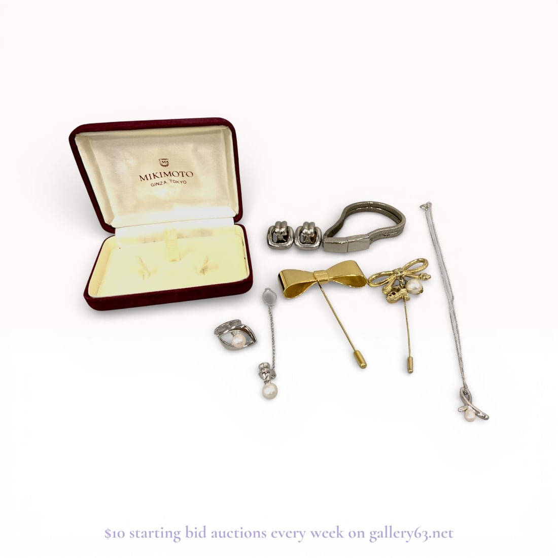 Mikimoto, Ferragamo and Burberry Jewelry Collection With Box: Authentic jewelry collection of assorted pieces presented together. Group including a fitted presentation box bearing a Mikimoto mark on the interior lid of the box, containing a pair of stud earrings