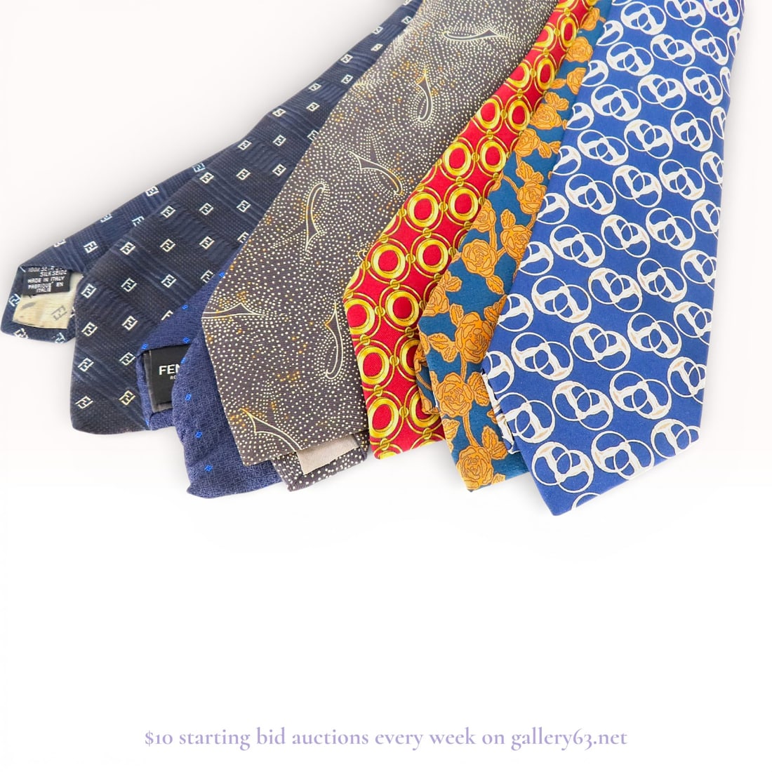 Designer Silk Tie Lot – Hermes, Celine, Fendi & Armani Tie Set: Estate lot offered as shown, including all items visible in the images. Offered as a single lot with no individual examination; contents and condition vary and may include wear, damage, or missing ele