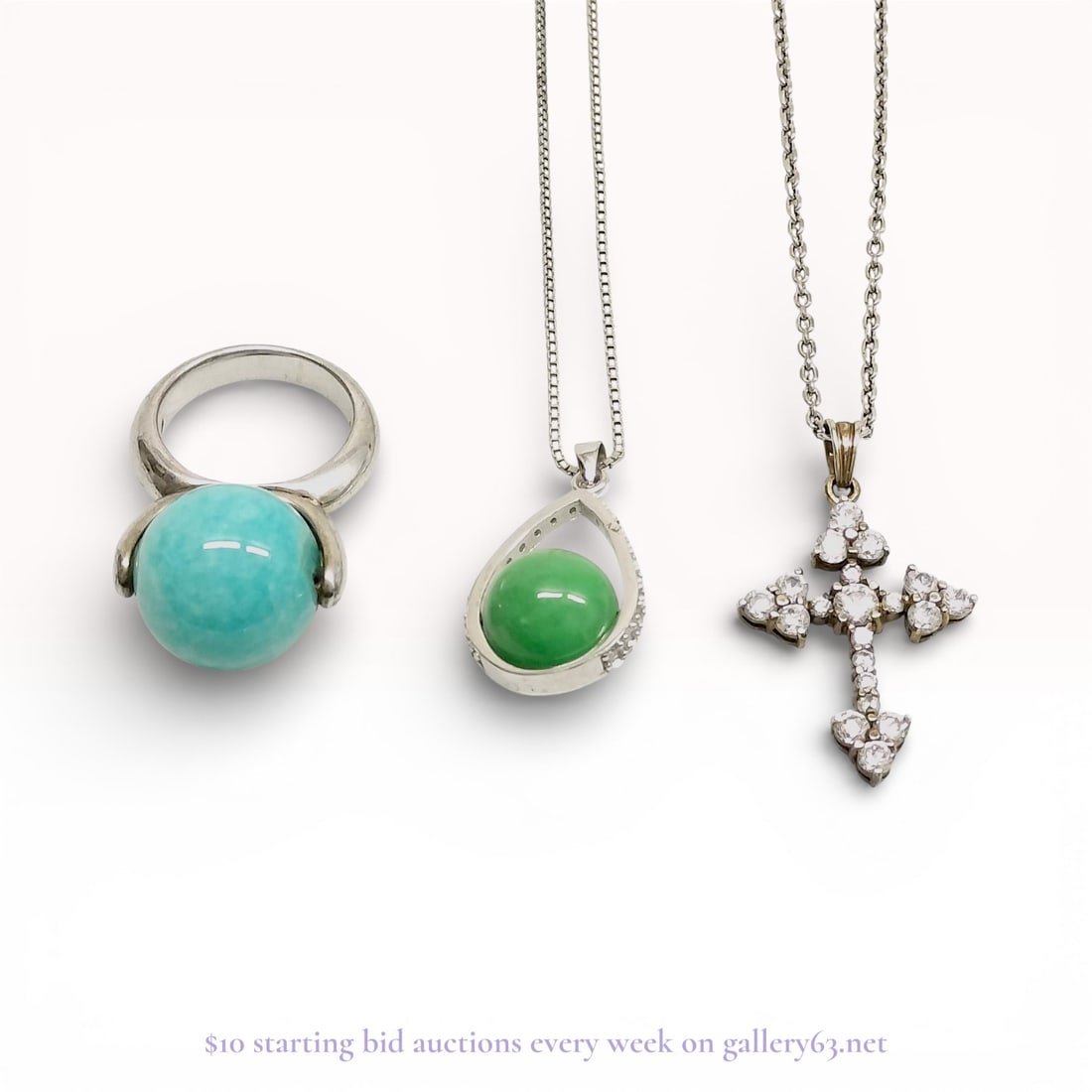 Sterling Silver Necklaces and Ring, Group of 3, 26.2g: Authentic group of three sterling silver jewelry pieces comprising one ring and two necklaces. The ring features a smooth round cabochon stone set in a polished silver mount. Might be a spinner ring.