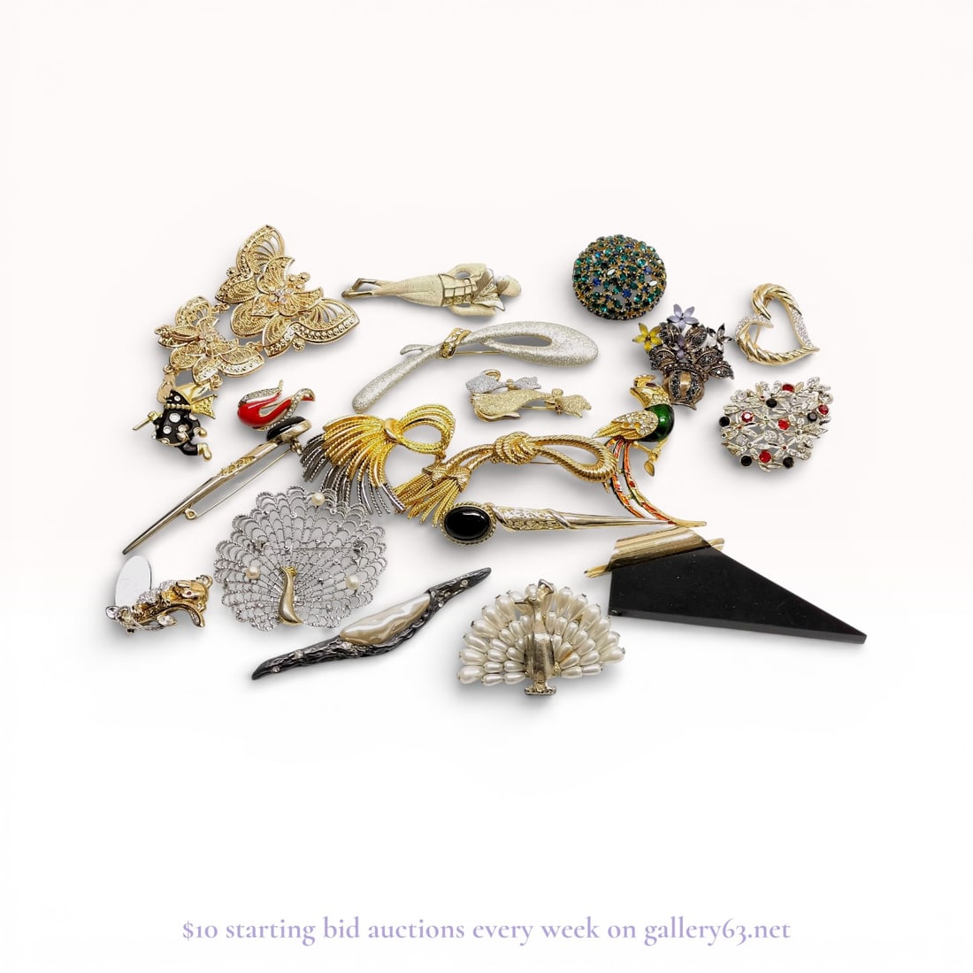 Collection of Vintage Brooches/Pendants 20+: Group of brooches executed primarily in gold and silver metal, featuring a wide range of figural, floral, and abstract designs. The assortment includes bow motifs, birds, florals, fans, geometric form