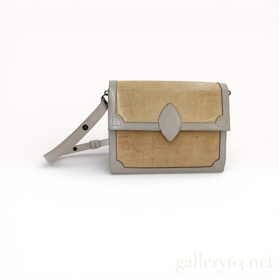 Vintage Yves Saint Laurent Beige and Gray Leather Shoulder Bag: Authentic Yves Saint Laurent shoulder bag featuring a structured rectangular silhouette with a beige textured front panel and contrasting gray leather trim. Front flap closure featuring a framed desig