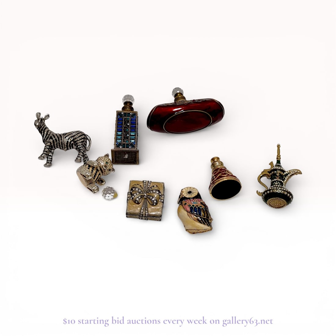 Estate Collection of Miniature Enamel Perfume Bottles/Vanity Scent Bottles: Including to the best of my describing ability, from top to bottom left to right: Top row: Zebra figurine bottle, Looks like a small metal zebra that functions as a perfume bott