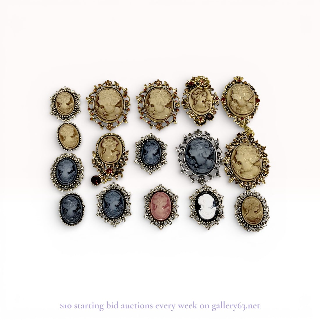 Vintage Cameo Brooch Lot – Assorted Shell Cameo Pins and Pendant Frames (Estate Group): Estate lot offered as shown, including all items visible in the images. Offered as a single lot with no individual examination; contents and condition vary and may include wear, damage, or missing ele