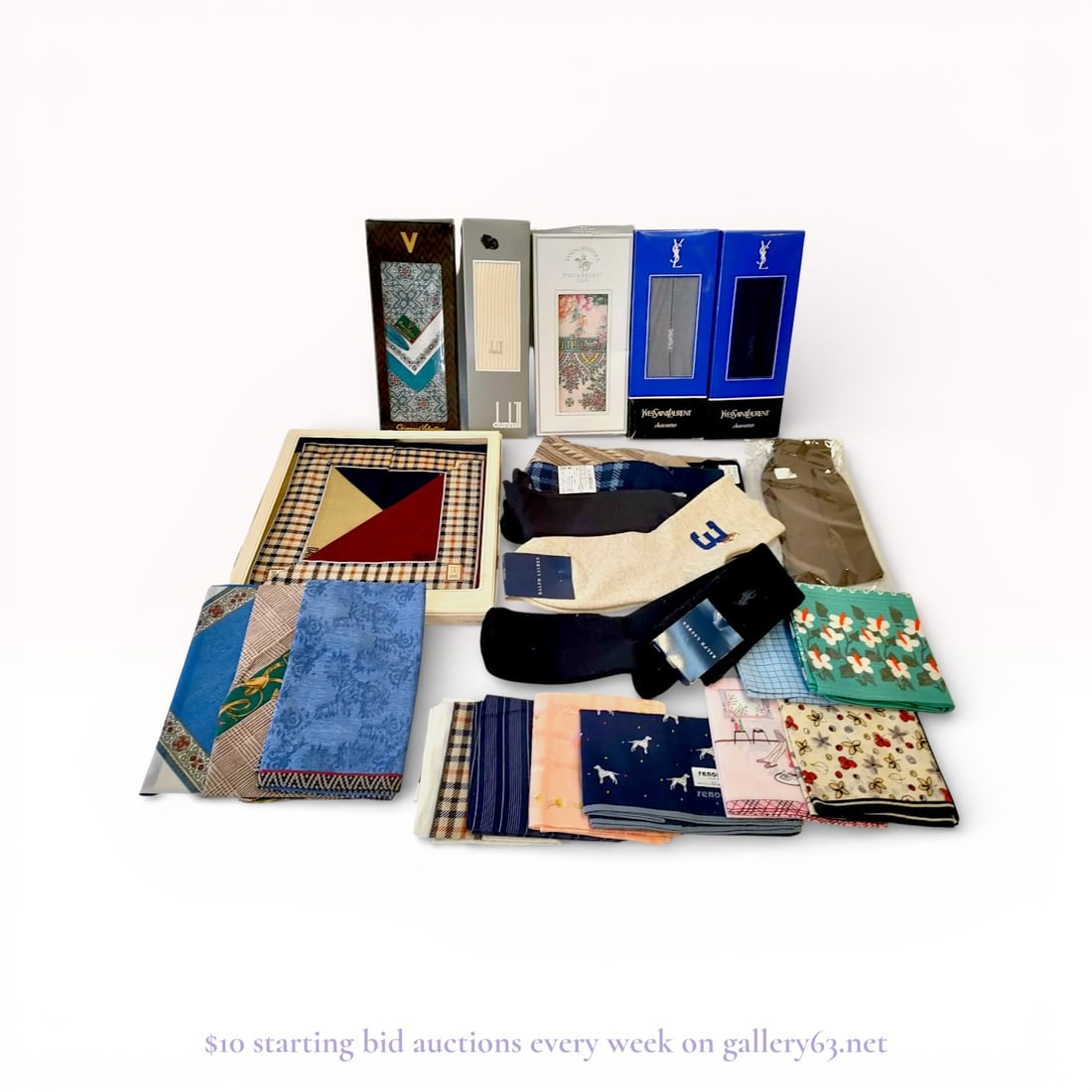 Yves Saint Laurent Socks and Handkerchief Gift Set – Designer Accessories Lot: Estate lot offered as shown, including all items visible in the images. Offered as a single lot with no individual examination; contents and condition vary and may include wear, damage, or missing ele