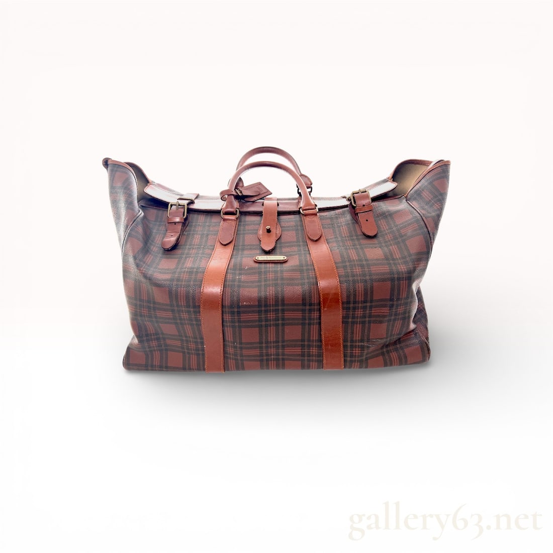 Polo Ralph Lauren Plaid Canvas & Leather Weekender Bag 55cm: Authentic Polo Ralph Lauren plaid canvas extra large Boston travel bag featuring a soft structured duffel silhouette in brown and navy tartan textile. Leather strap detailing running vertically across