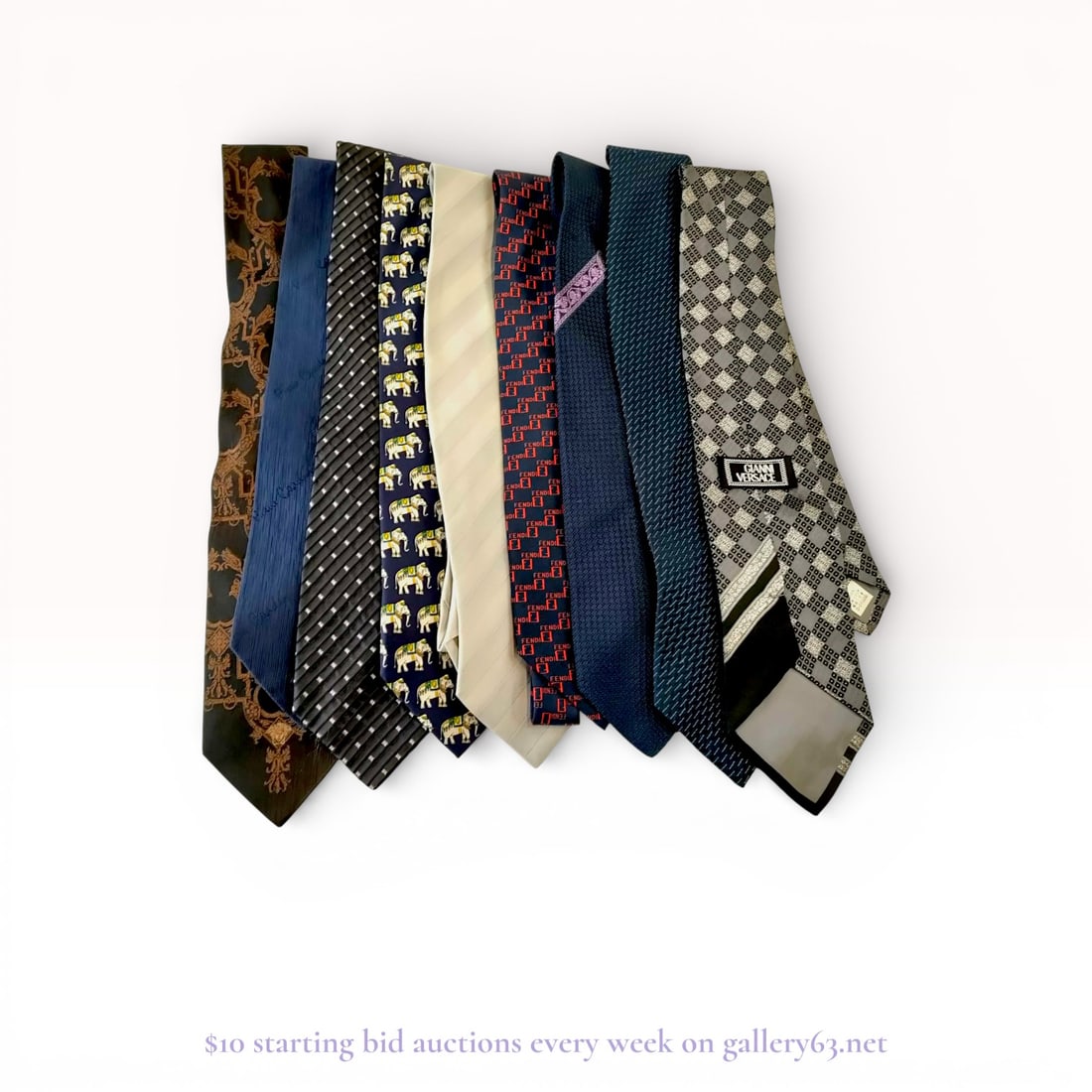 Designer Silk Neckties Including Versace, Fendi and Armani, Group of 9: Authentic designer silk neckties, a group of nine including Versace, Fendi, and Armani. The ties are executed in woven and printed silk, featuring assorted patterns, color palettes, and brand-specific