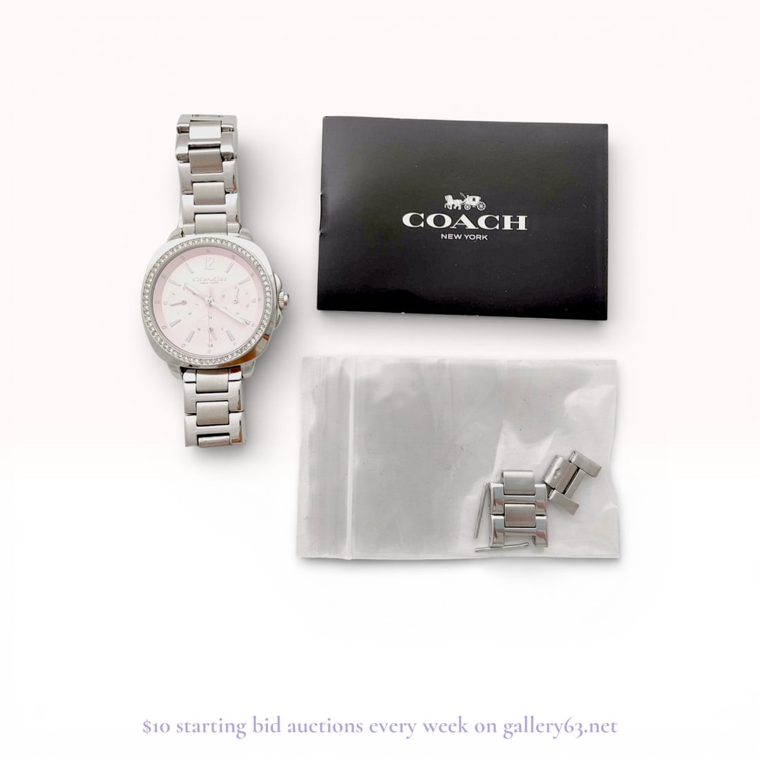 Coach CA165.7 Women’s Quartz Watch – Pink Dial Designer Wristwatch: Estate lot offered as shown, including all items visible in the images. Offered as a single lot with no individual examination; contents and condition vary and may include wear, damage, or missing ele
