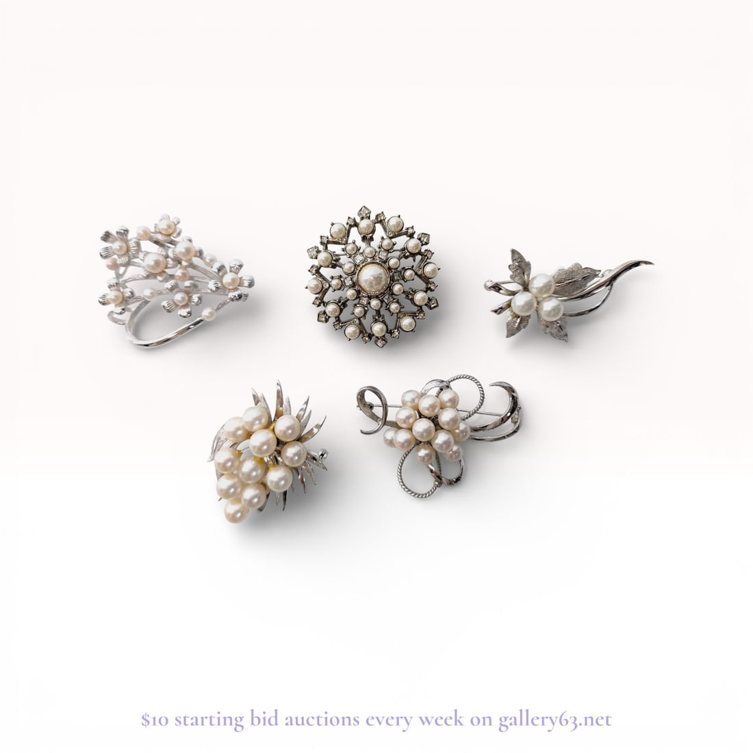 Sterling Silver Pearl Brooch Lot – 5 Vintage Pearl Pins Estate Set: Estate lot offered as shown, including all items visible in the images. Offered as a single lot with no individual examination; contents and condition vary and may include wear, damage, or missing ele