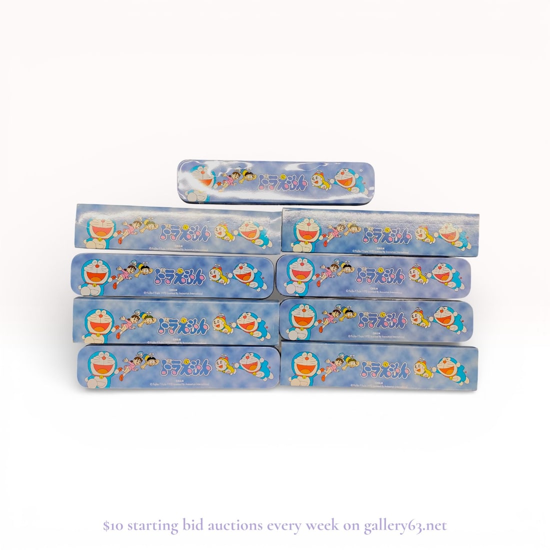 CM&M Doraemon Character Wristwatches, Group of 5, With Boxes, Japanese Showa Retro: Authentic Doraemon CM&M wristwatches, a group of five character-themed watches featuring Doraemon motif dials. Each watch presents a round case with illustrated dial graphics and standard hour mar