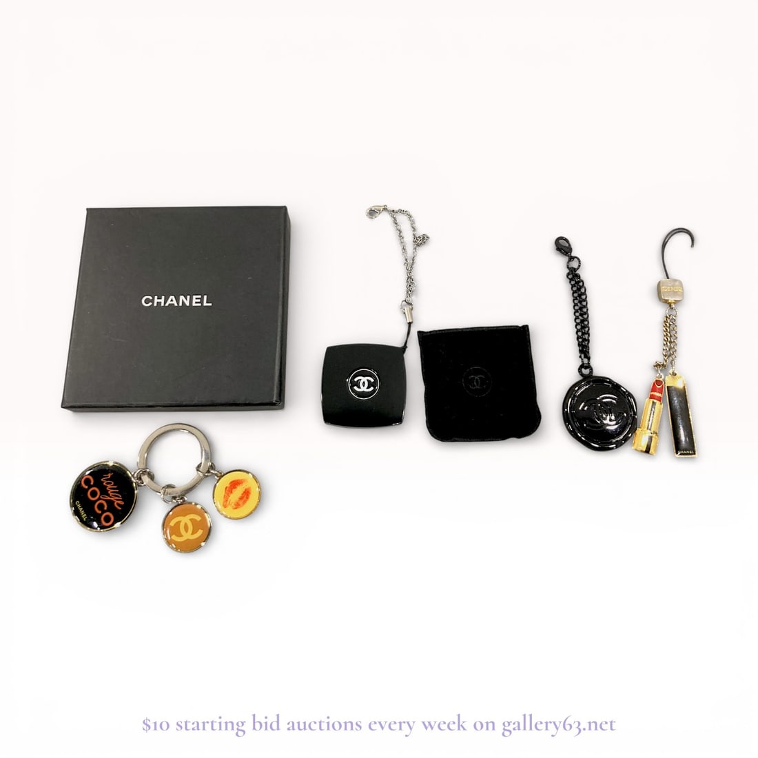 Chanel Charm and Keychain Lot with Box – CC Logo Rouge Coco Accessories (Estate Group): Estate lot offered as shown, including all items visible in the images. Offered as a single lot with no individual examination; contents and condition vary and may include wear, damage, or missing ele
