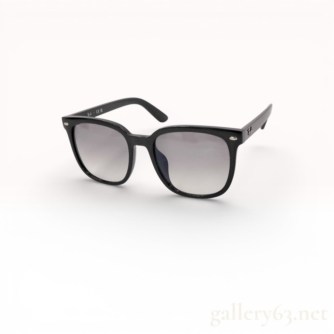 Ray-Ban Black Frame Sunglasses with Gradient Lenses, Model 4401D 601/71, 57-20-150, with Case: Authentic Ray-Ban sunglasses in black acetate with gray gradient lenses. The rectangular frame features a full-rim silhouette with silver-tone rivet accents at the front corners and Ray-Ban logo detai