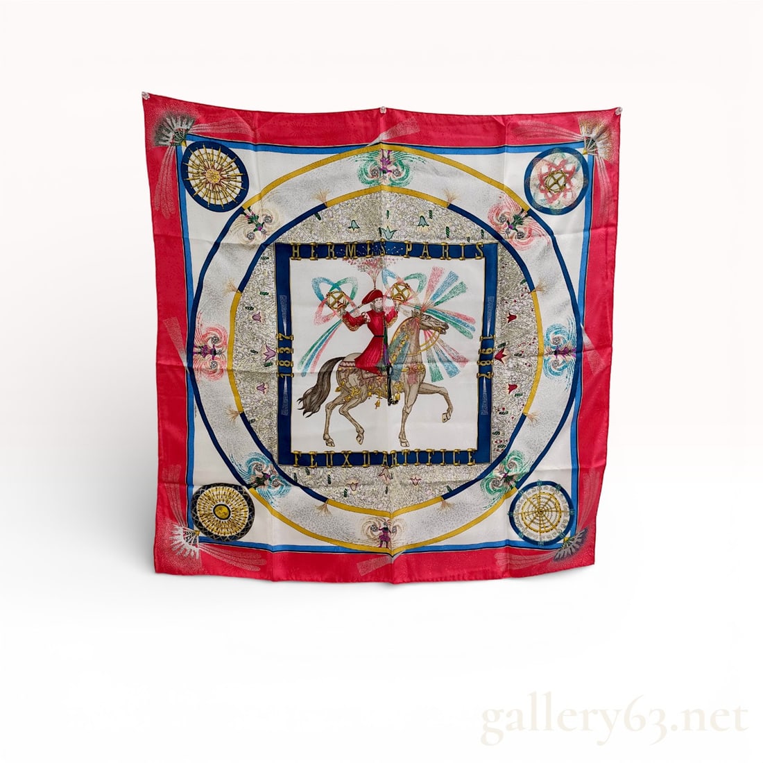 Hermès Carre 90 "Feux d'Artifice" Silk Scarf: Authentic Hermès silk scarf in the 90 cm format from the “Feux d’Artifice” design. The scarf is executed in printed silk, featuring a central equestrian figure framed by graphic fireworks m