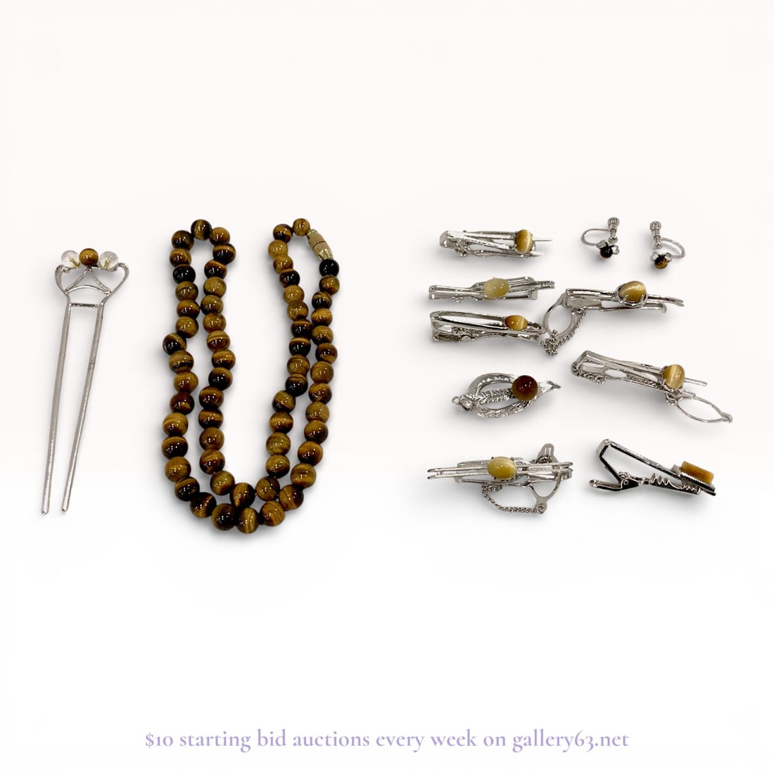 Tiger’s Eye Bead Necklace Lot with Sterling Silver Tie Clips and Men’s Accessories (Estate: Estate lot offered as shown, including all items visible in the images. Offered as a single lot with no individual examination; contents and condition vary and may include wear, damage, or missing ele