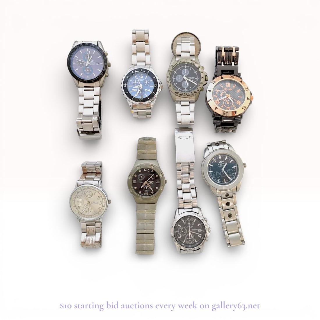 Group of 9 Assorted Wristwatches, including a Seiko Chronograph: Authentic wristwatches, a group of nine featuring assorted brands, case designs, and dial styles. The group includes a mix of round cases with chronograph and time-only dials, displaying applied hour