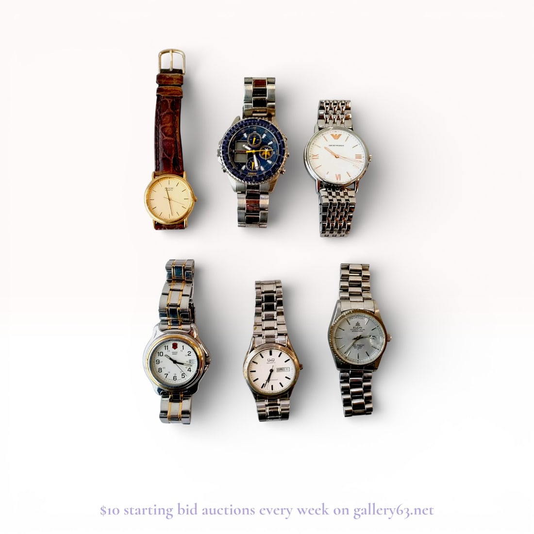 Men’s Watch Lot – Ricoh, Armani & Elgin Mixed Estate Timepieces: Estate lot offered as shown, including all items visible in the images. Offered as a single lot with no individual examination; contents and condition vary and may include wear, damage, or missing ele