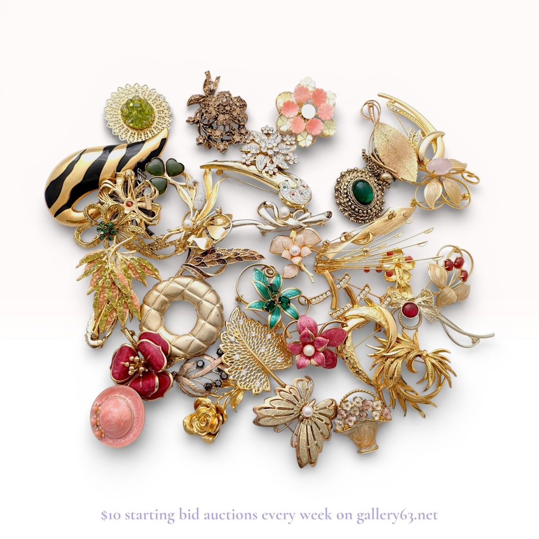 Grouping of Gold-Tone Brooches with Floral and Figural Motifs, 574.6g: Authentic group of jewelry brooches executed primarily in gold metal, featuring a wide range of figural and floral designs. The assortment includes pieces accented with enamel, pearls, colored stones,